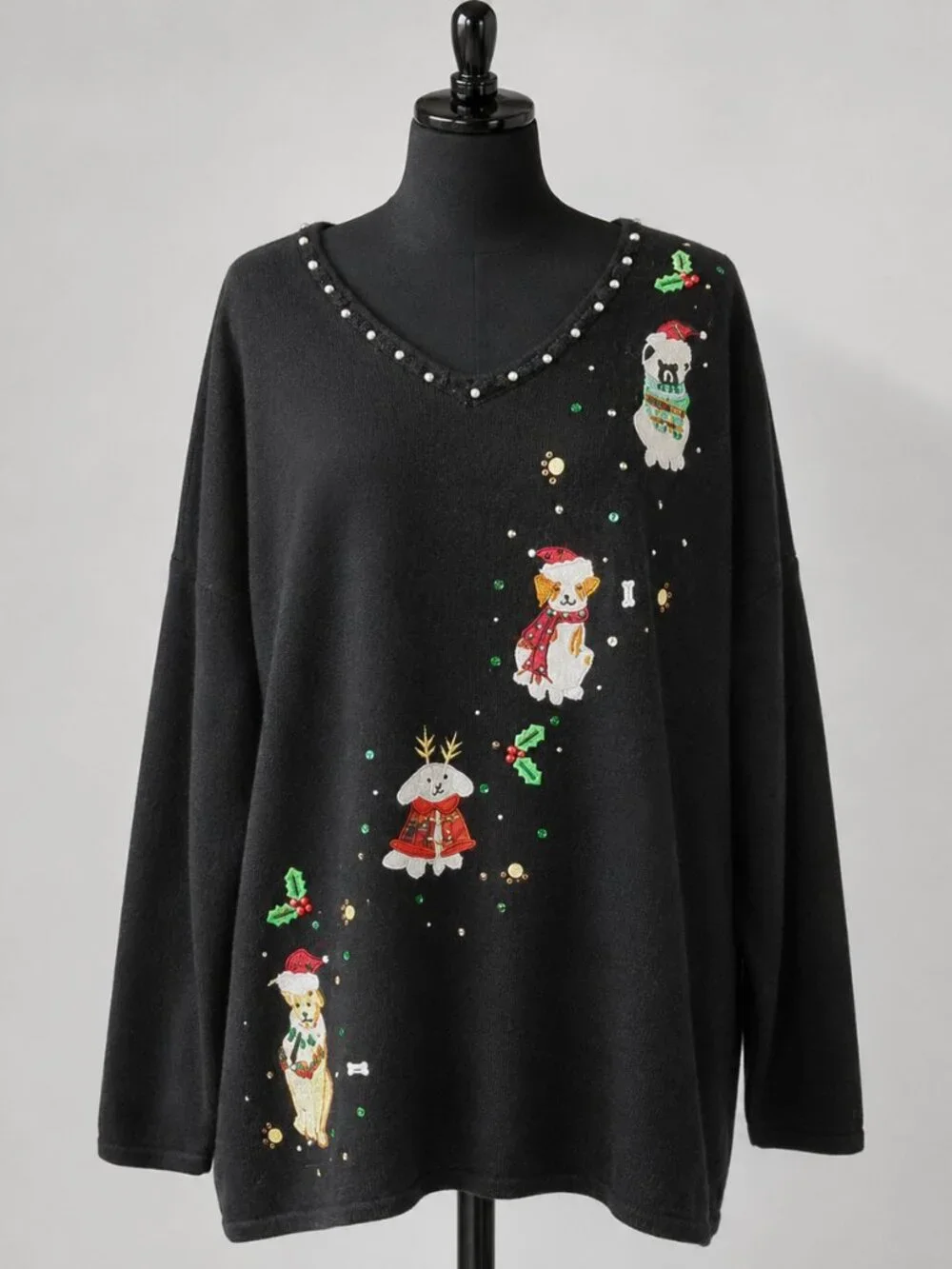 Vintage Quacker Factory Dog Christmas Santa Hat Cardigan Sweater Womens L Y2K
